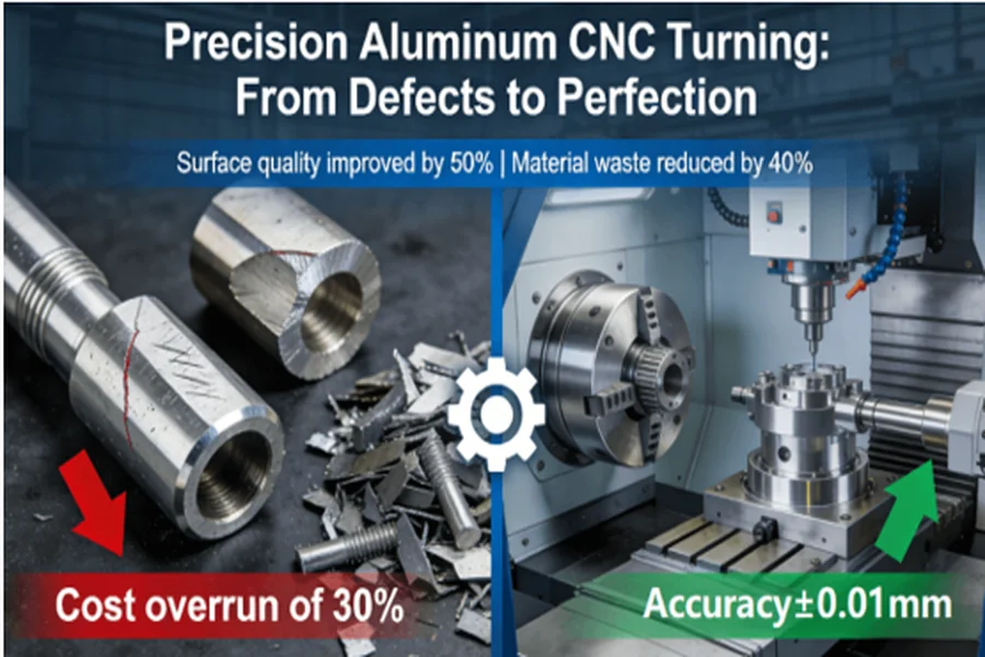 Precision vs traditional aluminum CNC turning comparison showing 30% cost reduction and 40% quality improvement through 5-axis machining technology
