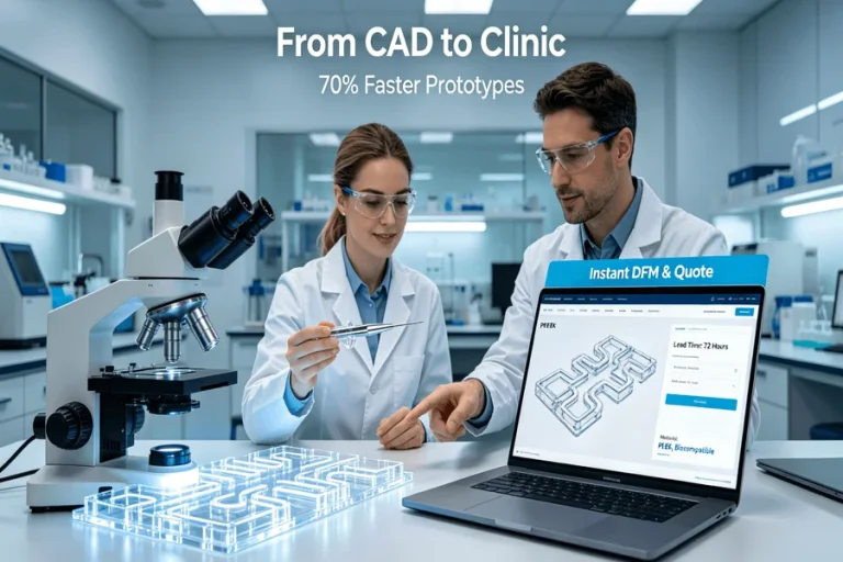Biotech and product development professionals in a modern lab examine a precision-machined microfluidic chip under a microscope and a PEEK surgical tool prototype, with instant online DFM and 72-hour lead time data on a laptop, visualizing the acceleration of complex biotech prototyping.