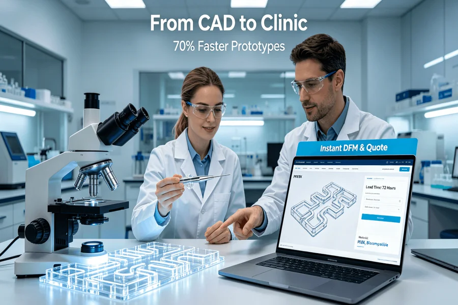 Biotech and product development professionals in a modern lab examine a precision-machined microfluidic chip under a microscope and a PEEK surgical tool prototype, with instant online DFM and 72-hour lead time data on a laptop, visualizing the acceleration of complex biotech prototyping.